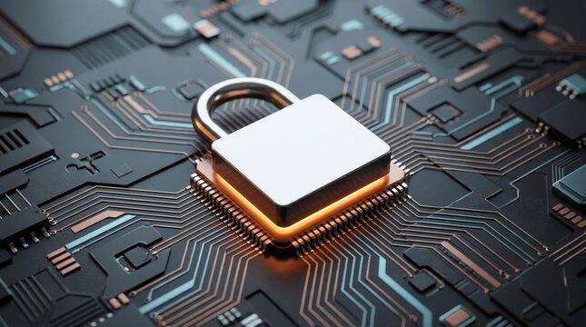 Metallic padlock sits securely atop a glowing computer processor chip featuring intricate gold circuitry with sharp details and soft lighting