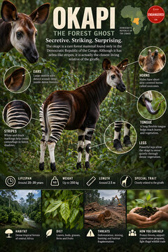 Detailed okapi wildlife conservation infographic featuring a rare forest mammal, Congo habitat map, anatomy callouts, key facts, threats and endangered species protection.
