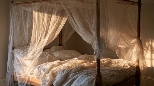 Sheer canopy drapes falling around a wooden four poster bed frame