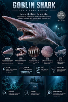 Goblin shark deep-sea wildlife infographic featuring the rare Mitsukurina owstoni, extendable jaws, elongated snout, sharp teeth, anatomy details and deep-ocean habitat.
