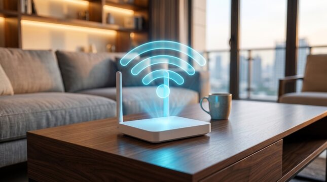 Modern white wireless router emits a glowing blue holographic wifi signal icon on top of a polished wooden coffee table