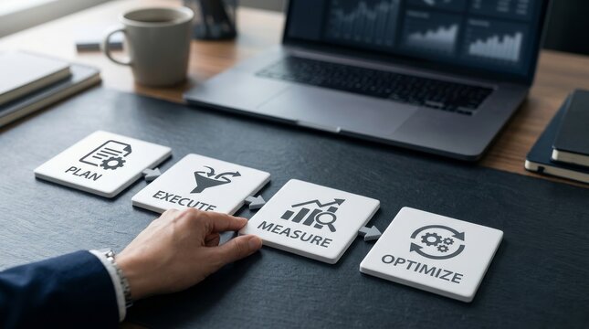 Businessman hand placing measure block in strategic plan execute measure optimize process, reflecting business performance improvement and workflow efficiency