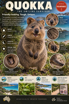 Quokka wildlife infographic featuring a charming Australian marsupial, with realistic anatomy, habitat, diet, conservation facts and vulnerable species information.
