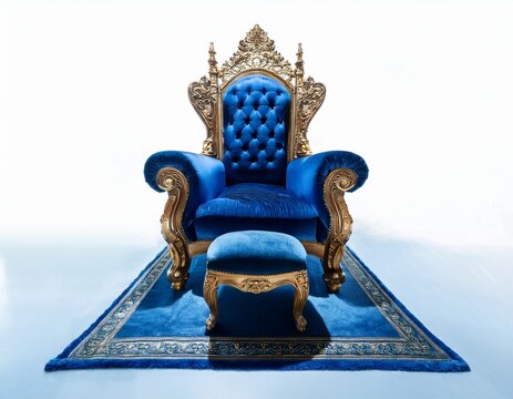 grand royal throne with blue tufted velvet and matching footstool furniture majestic