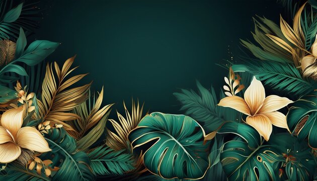 luxury tropical jungle bottom border botanical frame with exotic flowers monstera leaves and lush green foliage