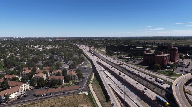 Aerial of Parker Road and I225 major highways in suburban Aurora Colorado with multilane thoroughfares and residential neighborhoods in summer