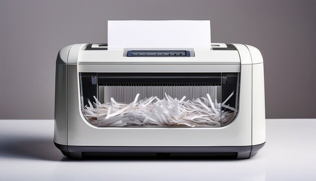 a sleek white paper shredder with a transparent window showing shredded paper inside placed on a neutral background