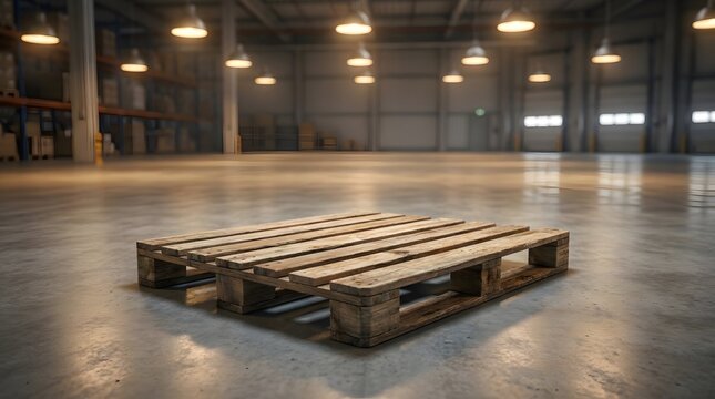 Empty wooden pallet on concrete floor in a large industrial warehouse distribution center
