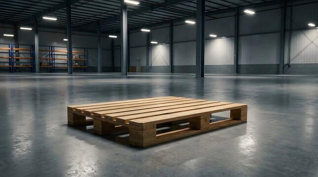 Empty wooden shipping pallet on a polished concrete floor in a large industrial warehouse.