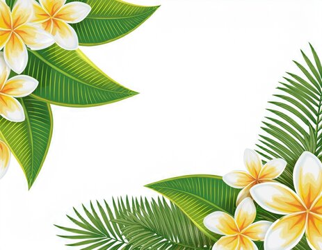 frangipani plumeria flower and palm leaf corner border frame isolated on white background
