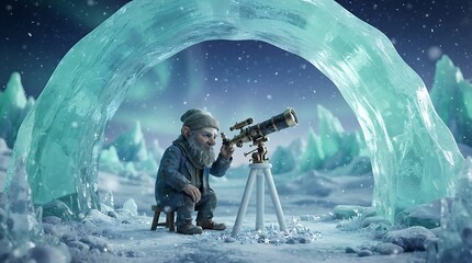 Fototapeta premium A small elderly gnome with a white beard sitting on a wooden stool using a telescope to observe the night sky under a large natural ice arch in a