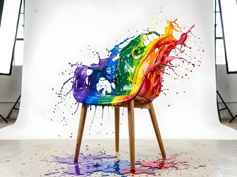 A wooden chair with a vibrant rainbow paint splash effect isolated on white background