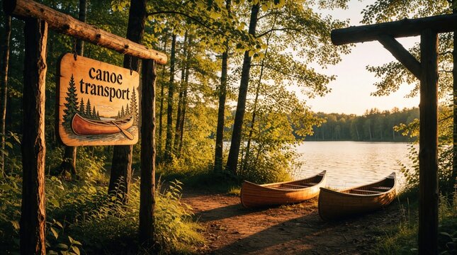 Wooden canoe transport sign hangs on timber frame near forest lake. Two empty wooden canoes rest on dirt path by calm water. Golden sunset light shines through trees at summer vacation spot. Peaceful