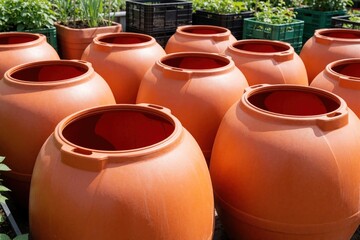 Obraz premium Large orange plastic water tanks sit in garden nursery. Big containers for rainwater harvesting, composting storage. Sustainable eco friendly tools for backyard irrigation, agriculture. Modern garden