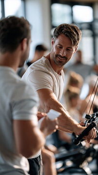 Rear view of a gym newcomer in a light shirt holding a small notepad watching a younger trainer demonstrate a cable machine both faces away from the camera defocused members