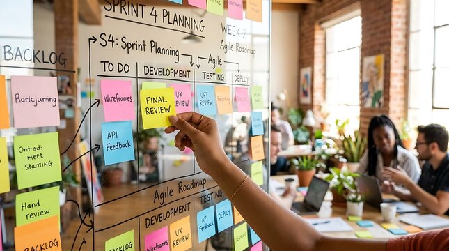 Diverse business team collaborating on an agile sprint planning strategy session by placing colorful sticky notes on a glass office whiteboard wall