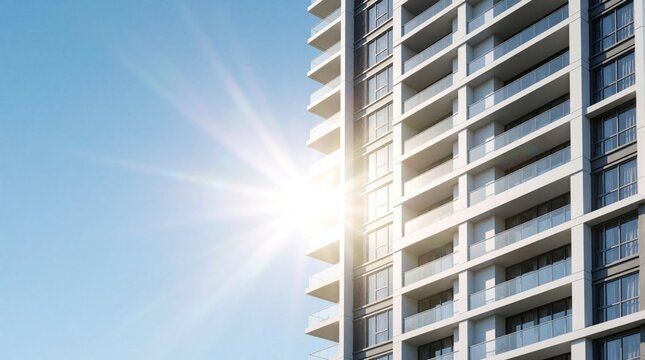 Modern high-rise apartment building facade with glass balconies. Bright sun shines through skyscraper windows against clear blue sky. Contemporary luxury residential tower architecture in urban