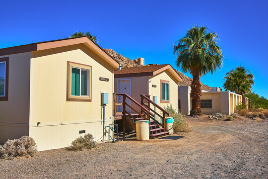 Student Group Desert Study Center Modular Housing with Palm Trees Clear Blue Sky, Guests of the Desert Study Center