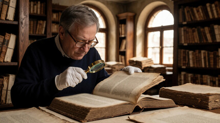 Fototapeta premium Man with glasses and white gloves examines antique book using magnifying glass. Shelves packed with old books fill library archive room. Researching history, uncovering old texts.