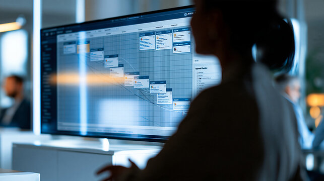 Bright defocused office scene with a large screen showing a digital procurement workflow interface with purchasing steps supplier cards and an approval checklist silhouetted