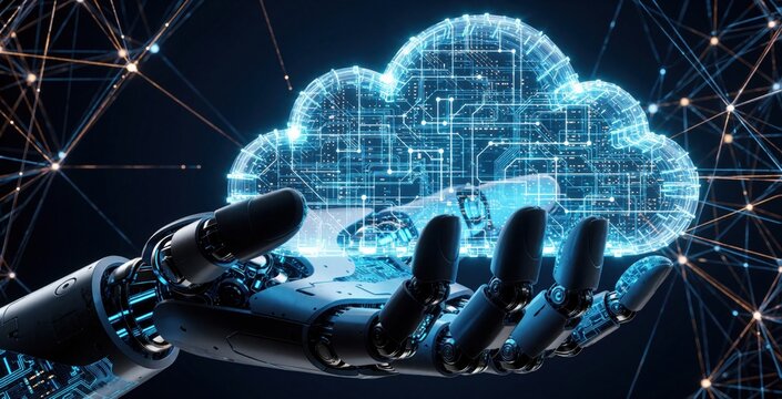 Robot hand holds glowing digital cloud data. Future tech secures global network. AI protects information in abstract cyberspace. Advanced innovation connection.