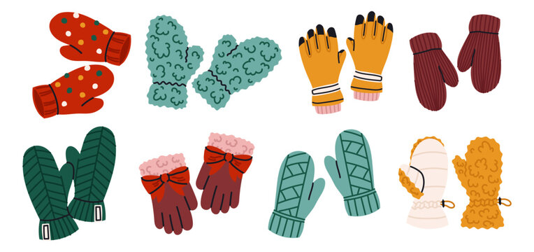 Winter or autumn mittens and gloves on white background. Set warm seasonal accessories. Cozy, soft, warm knitted mittens.