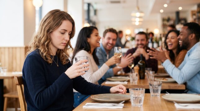 Young woman sitting apart at restaurant table while group of friends laugh behind her in bright light loneliness and social isolation concept