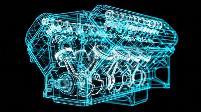 A glowing blue wireframe model of a v8 internal combustion engine against a black background with digital wireframe representation displays internal components