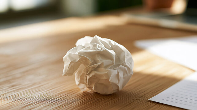 Bright still life of a single crumpled white paper sheet lying on a light wooden desk soft daylight from a nearby window clean minimal composition crumpled paper discarded