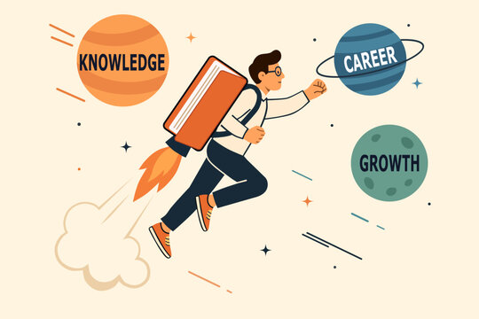 Academic journey concept. Student with rocket backpack. Knowledge career and growth