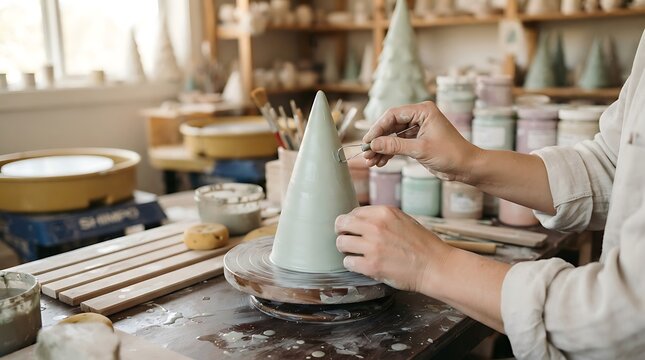 Potter shaping a ceramic Christmas tree sculpture on a pottery wheel in a bright artist studio workspace during the creative handmade craft process
