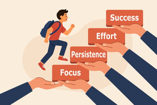 Journey to success. Personal growth and achievement. Focus effort and persistence. Flat vector illustration