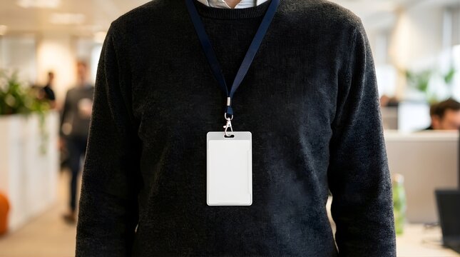 Person wearing blank ID badge lanyard in modern office environment
