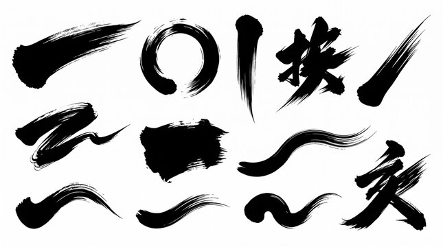 Collection of various black ink brush strokes isolated on transparent background for design assets.