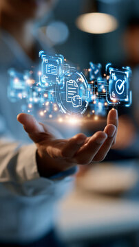Cropped view of a business professional in a light shirt holding an open palm beneath a glowing digital procurement interface with contract and approval icons framed from the