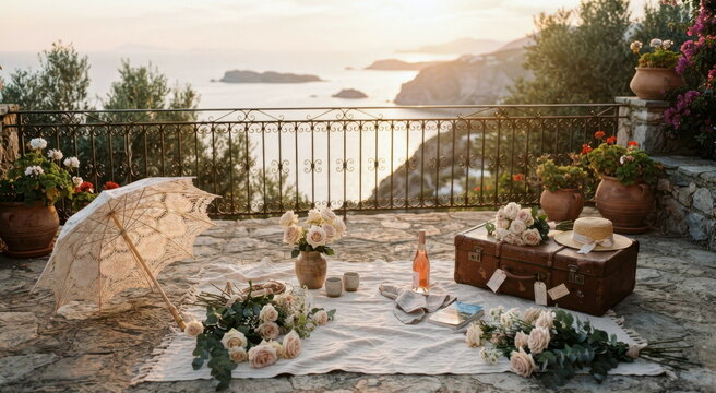 Romantic honeymoon terrace with lace parasol, pale roses, vintage suitcase, linen blanket, and ocean haze