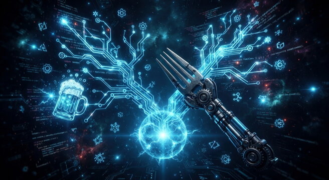 Open source code fork split from a glowing kernel core with plugins, source fragments, and a beer mug motif
