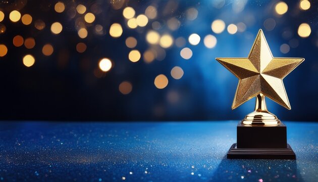 a shiny golden star trophy standing prominently on a dark blue surface with glittering bokeh lights concept for corporate recognition employee appreciation and business excellence