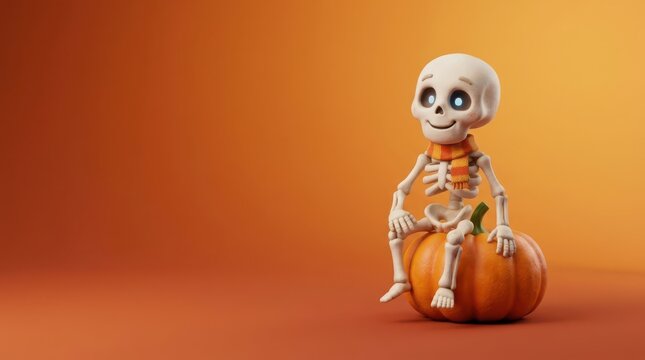 Cute cartoon skeleton character wearing a striped scarf sitting on a bright orange pumpkin against a warm gradient background