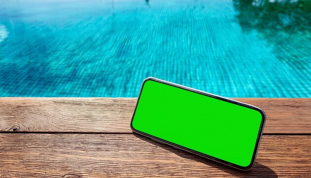 smartphone with a green screen display placed on a wooden table by a sunny swimming pool