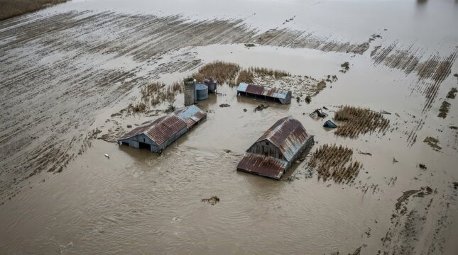 Aerial view of flooded farm buildings and submerged fields for flood disaster background and climate impact agriculture banner