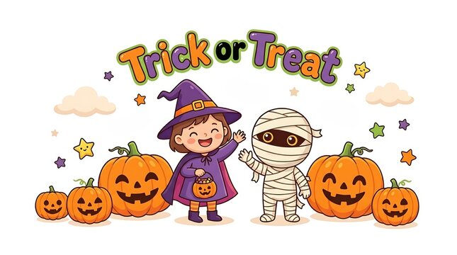 Cute cartoon girl in witch costume and mummy trick or treating with pumpkins isolated on white background