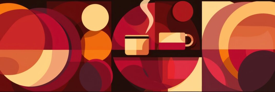 Abstract autumn geometric banner with coffee cups and warm circular shapes for background and poster design