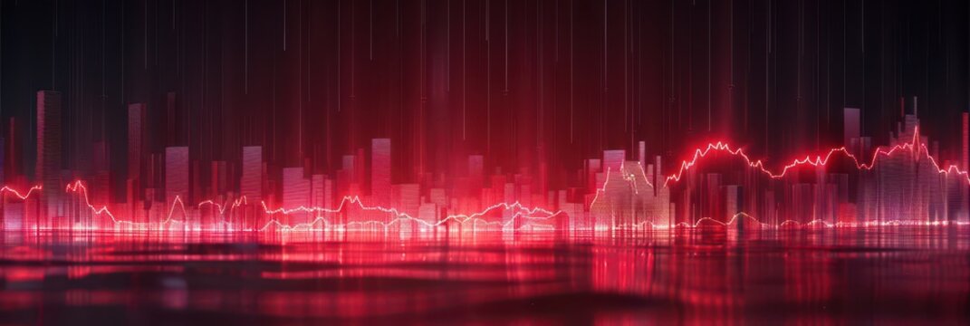 Panoramic neon skyline background for black friday banner and music event promotion with red waveform lights glossy city silhouettes for modern design