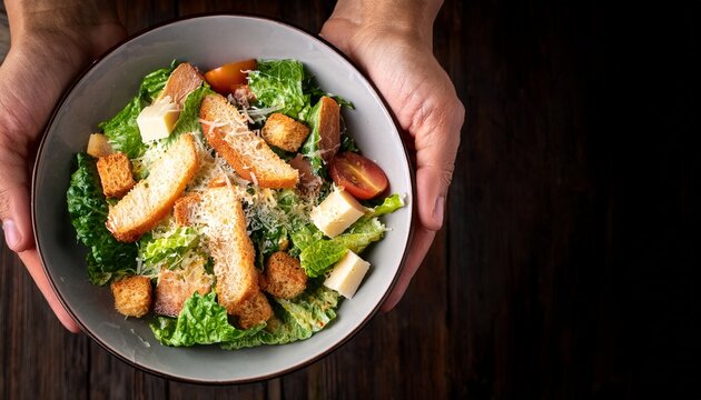 hands holding a bowl with a delicious caesar salad healthy nutricion concept