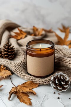 Autumn candle mockup with amber jar, knitted sweater and pinecones for cozy fall background and product display