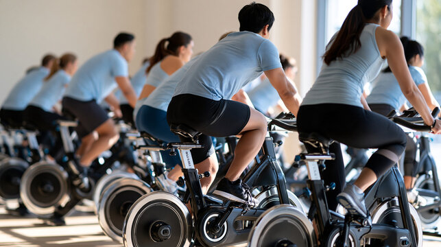 Rear view of a spin class in a bright studio with rows of stationary bikes and riders in light activewear pedalling in unison backs to the camera pale walls clean floor and