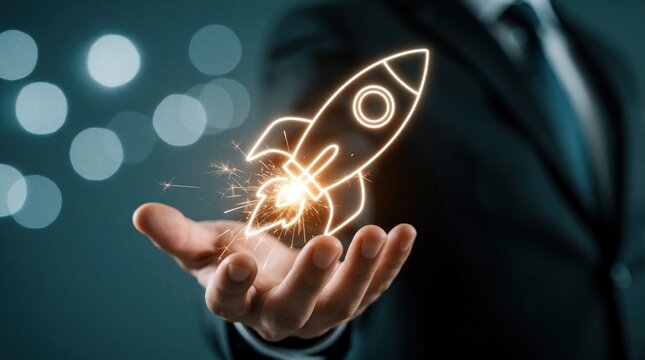 Businessman holds glowing rocket icon in open hand. Digital startup concept showing rapid business growth, innovation. Entrepreneur launches new project tech product to skyrocket success. Concept of