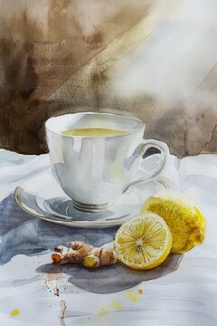 Lemon and ginger tea cup still life watercolor on fabric surface for cozy background poster and wellness design. Vertical banner. Copy space