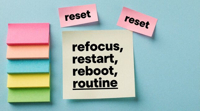 Motivational sticky notes display words refocus restart reboot routine and reset. Office supplies on blue background promote personal growth and daily tasks planning for success.
